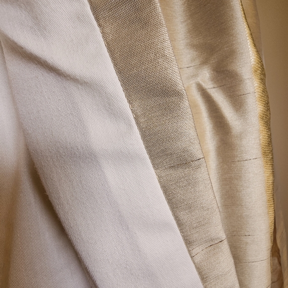 Two custom panels taupe gold vertical stripe tafetta pleated lined drapes 54x92" - Picture 3 of 9